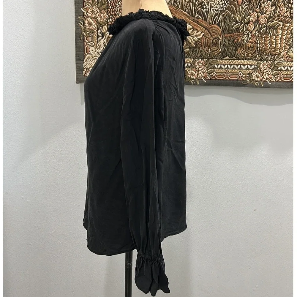 J. Crew Silk Ruffle Neck Long Sleeve‎ Black Blouse Top S-M